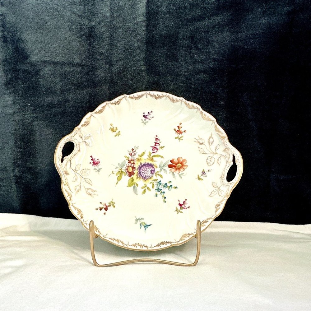 ANTIQUE RL DRESDEN PORCELAIN HAND PAINTED 11" SERVING PLATTER WITH HANDLES